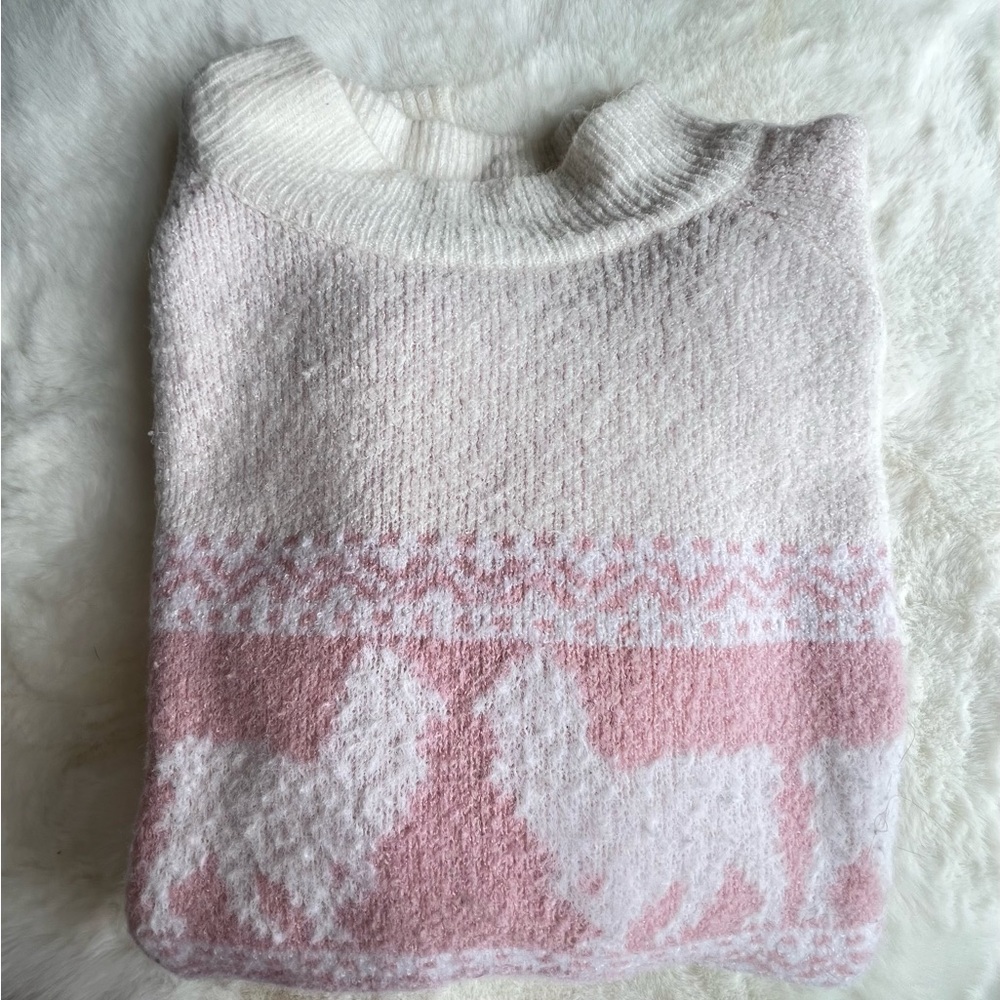 Cocobleu Pink Cream Alpaca Print Sweater Cozy Soft Knit Cottagecore Womens Large